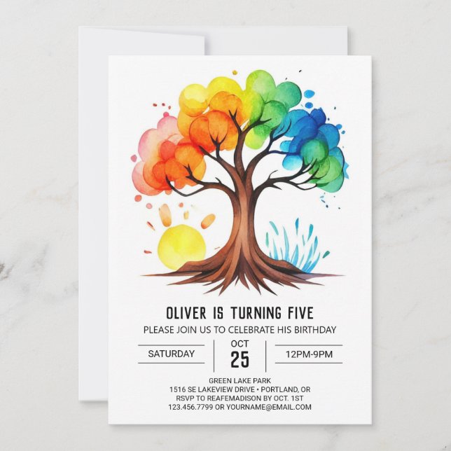 Invitación Cumpleaños de árbol imprimible y caprichoso (Anverso)