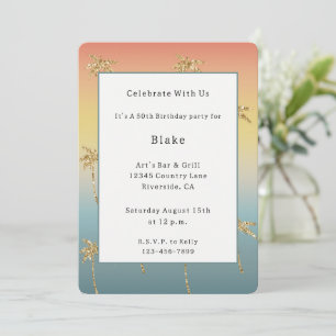 Invitación Cumpleaños de árboles de palma de brillo dorado az