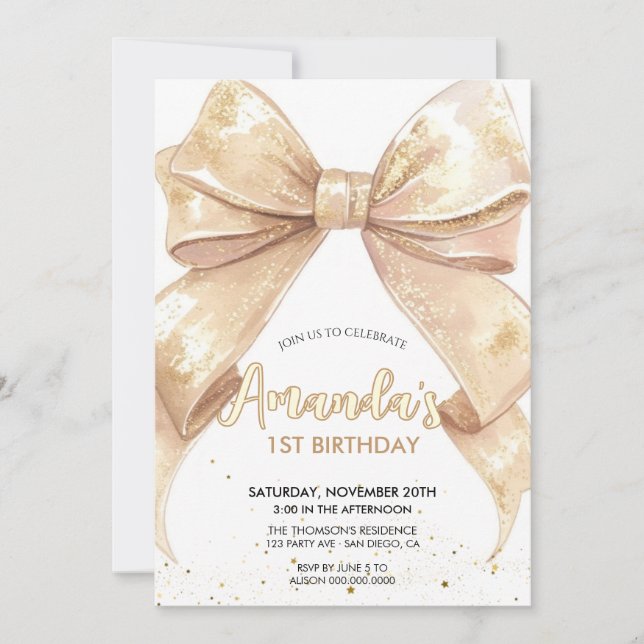 Invitación cumpleaños de arco de purpurina (Anverso)