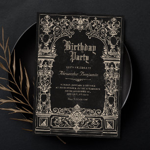 Invitación Cumpleaños de arco gótico barroco negro vintage