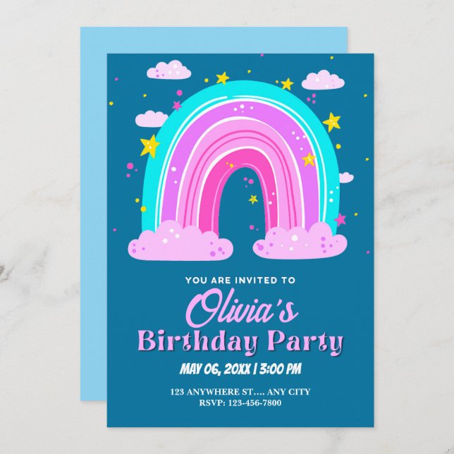 Invitación cumpleaños de arco iris (Anverso / Reverso)