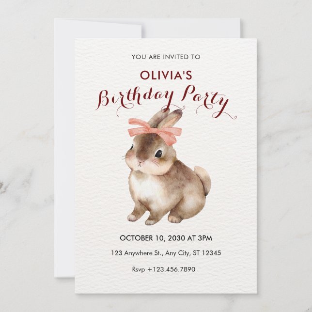 Invitación cumpleaños de arco rosado de conejo (Anverso)
