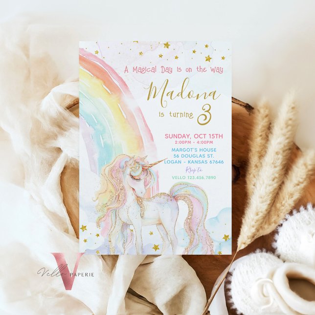 Invitación Cumpleaños de Arcoíris Pastel Dorado Unicornio Mág (Subido por el creador)