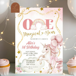 Invitación Cumpleaños de Arcoíris Pastel Unicornio Un Año Mág