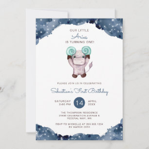 Invitación Cumpleaños de Aries acuarela primer cumpleaños