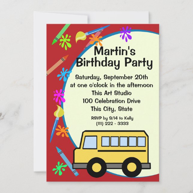 Invitación Cumpleaños de Arte de Autobús Escolar (Anverso)