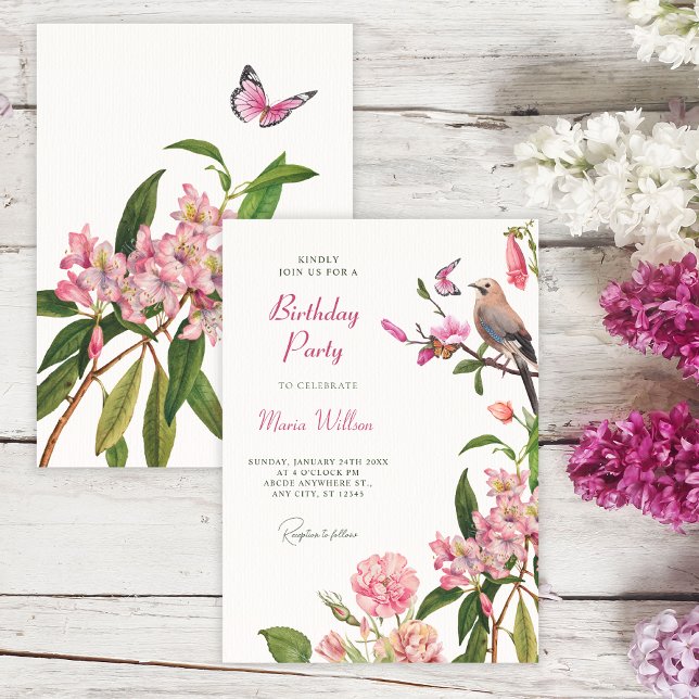 Invitación cumpleaños de arte de ave floral (Subido por el creador)