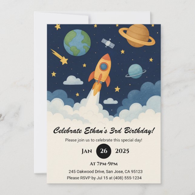 Invitación Cumpleaños de Arte Espacial de Cohete y Planeta Li (Anverso)