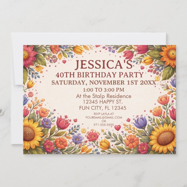 Invitación Cumpleaños de Arte Popular Floral (Anverso)