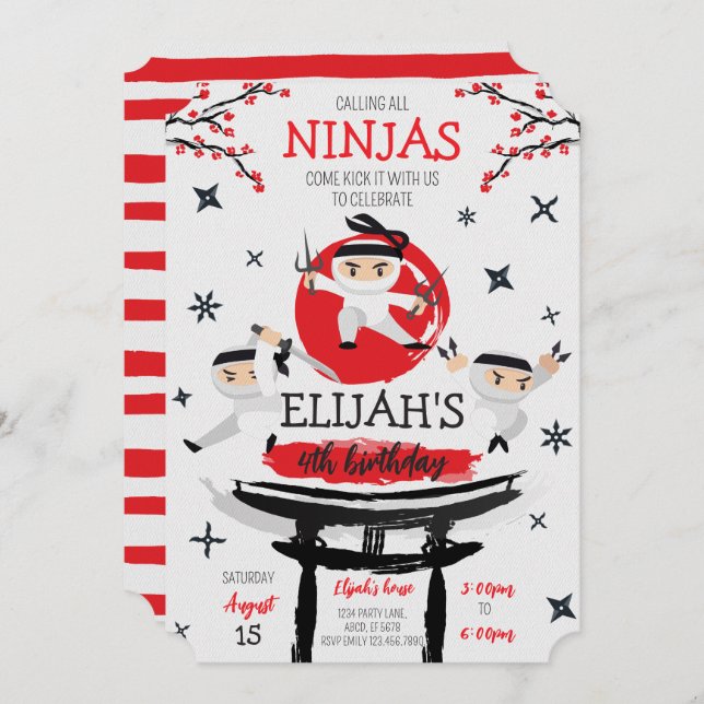 Invitación Cumpleaños de Artes Marciales de Guerrero Ninja Bl (Anverso / Reverso)