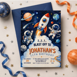 Invitación Cumpleaños de astronauta de cohete de acuarela