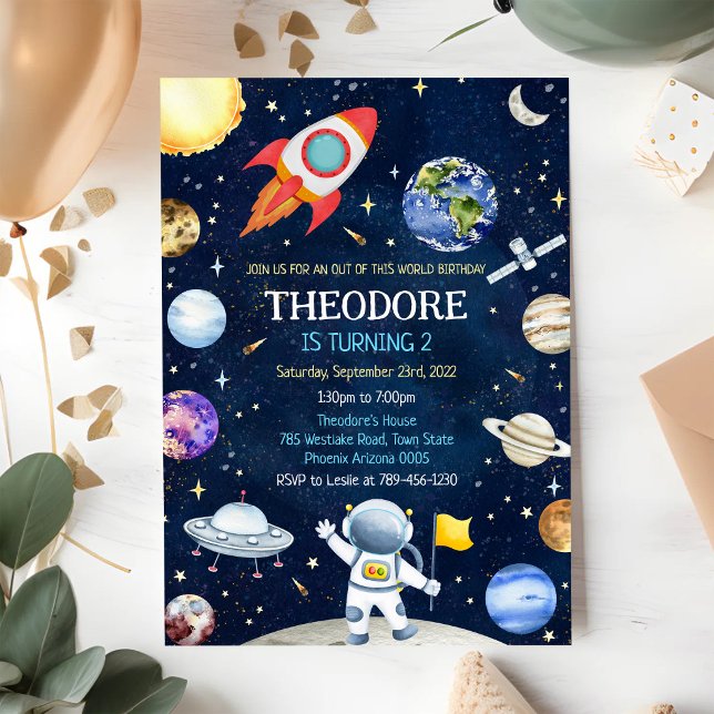 Invitación Cumpleaños de astronauta de cohete de planetas del (Subido por el creador)