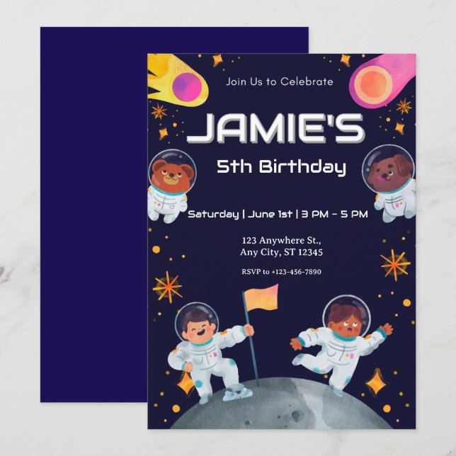 Invitación cumpleaños de astronauta espacial (Anverso / Reverso)