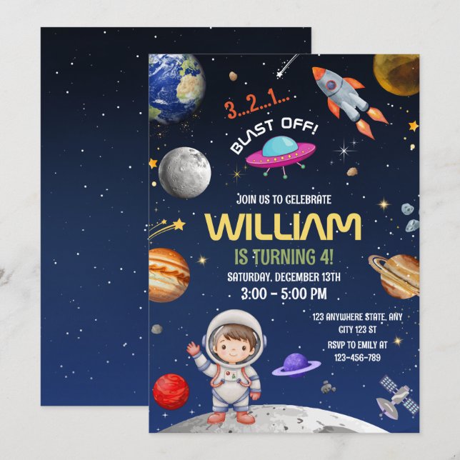 Invitación Cumpleaños de Astronauta, Explosión de Galaxia en  (Anverso / Reverso)