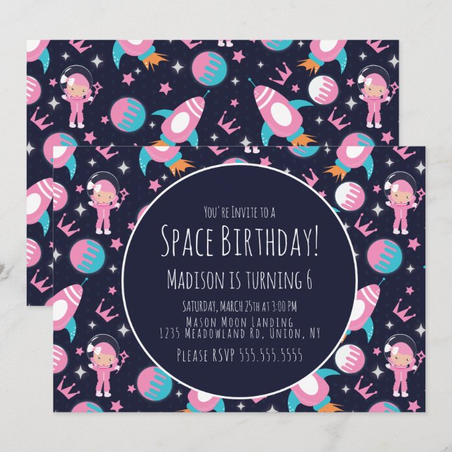 Invitación Cumpleaños de astronauta princesa rosa galaxia esp (Anverso / Reverso)