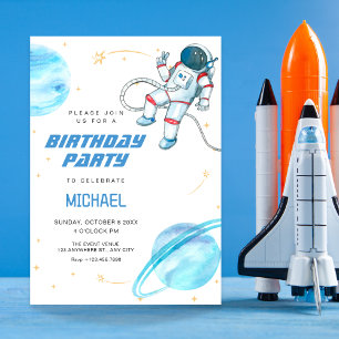 Invitación cumpleaños de astronautas del espacio azul