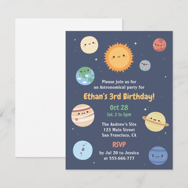 Invitación Cumpleaños de astronomía del espacio del sol y pla (Anverso / Reverso)