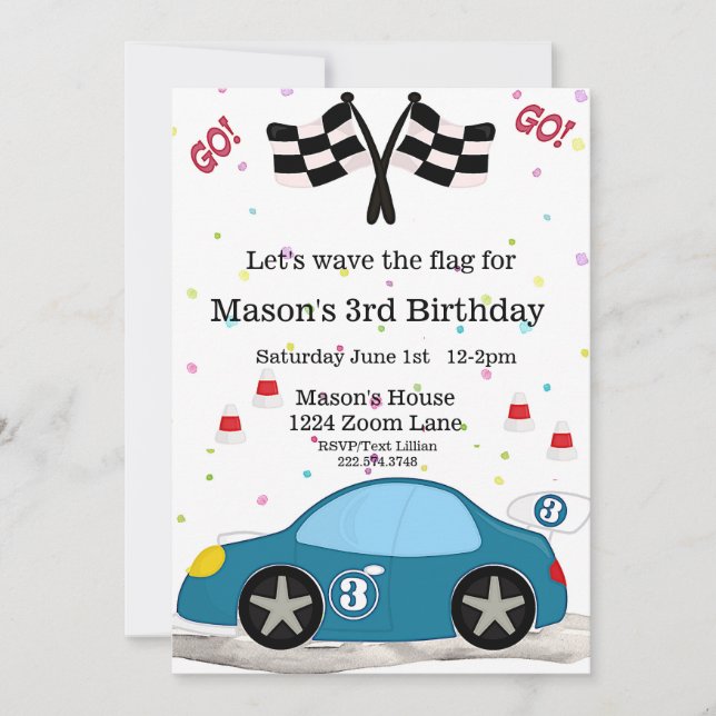 Invitación Cumpleaños de Auto de Carreras, 3er Cumpleaños (Anverso)