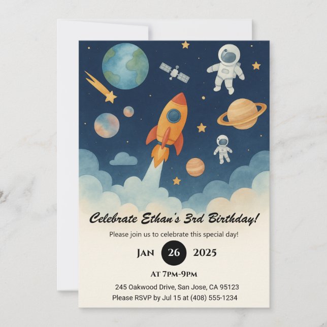 Invitación Cumpleaños de aventura espacial de cohete y astron (Anverso)