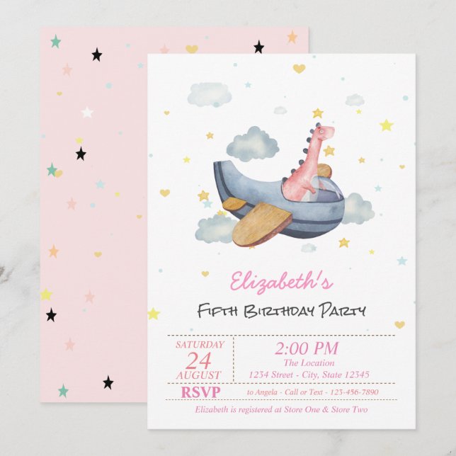 Invitación Cumpleaños de avión de bebé dino lindo estrellas (Anverso / Reverso)