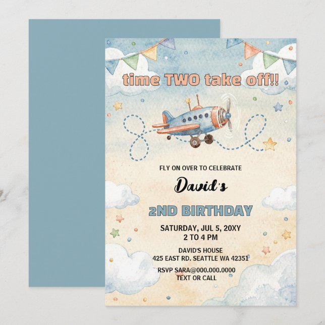 Invitación Cumpleaños de avión hora de volar  (Anverso / Reverso)