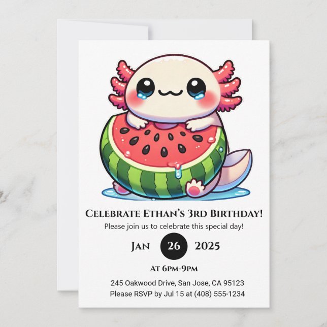 Invitación Cumpleaños de Axolotl en Flotador de Sandía (Anverso)