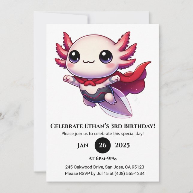 Invitación Cumpleaños de Axolotl Superhéroe en Armadura (Anverso)