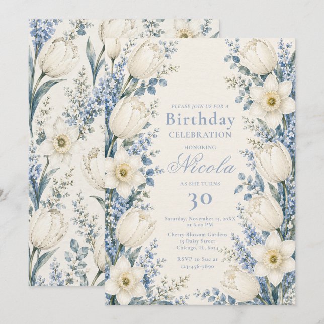 Invitación Cumpleaños de azul polvoriento y blanco (Anverso / Reverso)