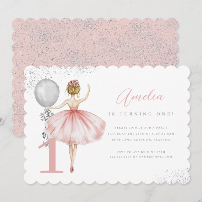 Invitación Cumpleaños de Bailarina con Brillo Rosa (Anverso / Reverso)