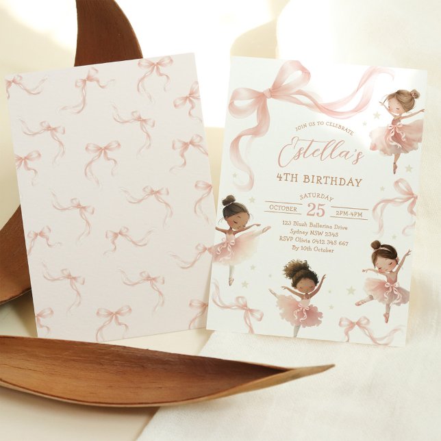 Invitación Cumpleaños de Bailarina con Lazo Rosa Rubor (Subido por el creador)