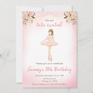 Invitación Cumpleaños de Bailarina con Pelo Marrón Floral
