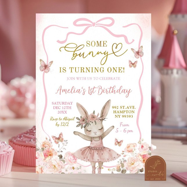 Invitación Cumpleaños de Bailarina de Conejo Rosa Primero (Subido por el creador)