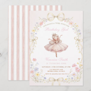 Invitación Cumpleaños de Bailarina de Marfil Rosa con Flores 