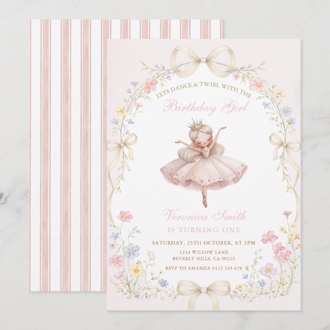 Invitación Cumpleaños de Bailarina de Marfil Rosa con Flores  (Anverso / Reverso)