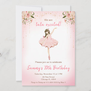 Invitación Cumpleaños de Bailarina de Pelo Castaño Floral