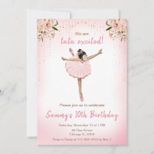 Invitación Cumpleaños de Bailarina de Piel Oscura Floral