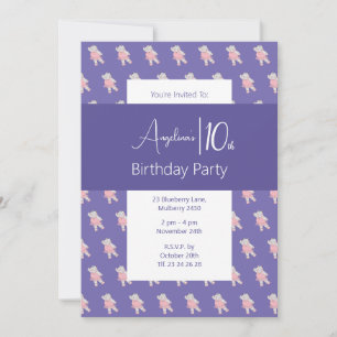 Invitación Cumpleaños de Bailarina Hipopótamo Púrpura Ilusima
