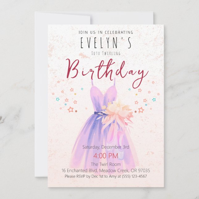 Invitación Cumpleaños de Bailarina Niña Tutú Rosa Fiesta de B (Anverso)