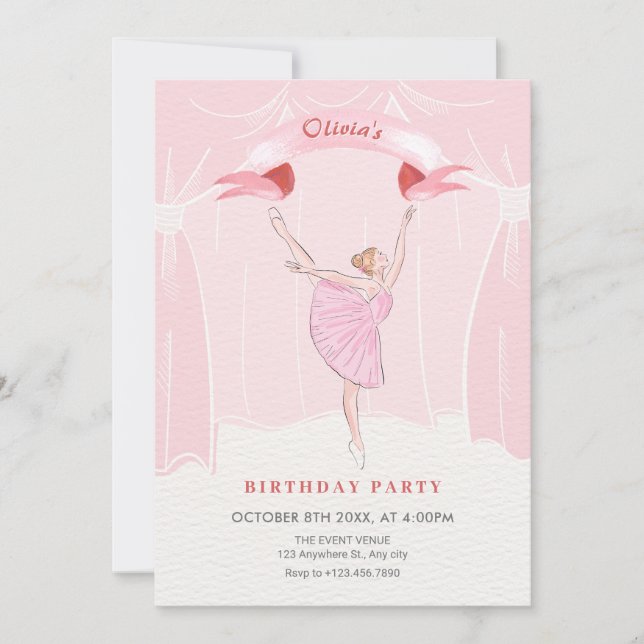 Invitación cumpleaños de bailarina rosa (Anverso)
