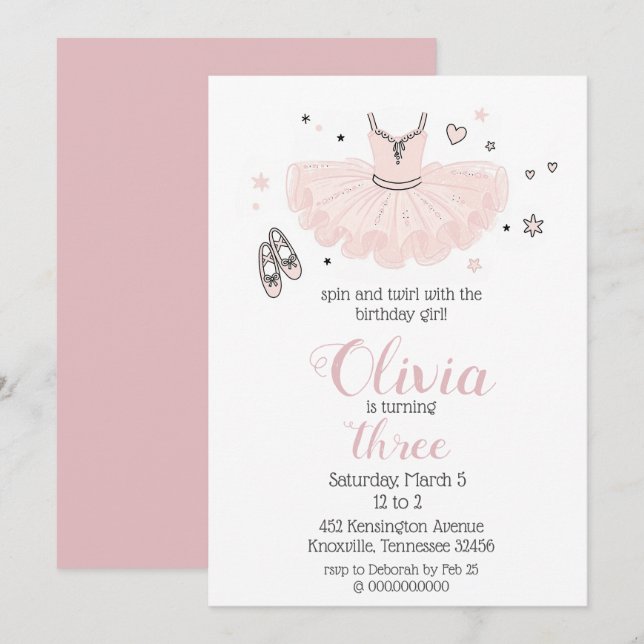 Invitación Cumpleaños de Bailarina Rosa Elegante (Anverso / Reverso)