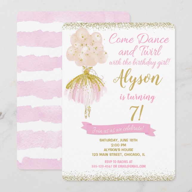 Invitación cumpleaños de bailarina rosa y dorada (Anverso / Reverso)