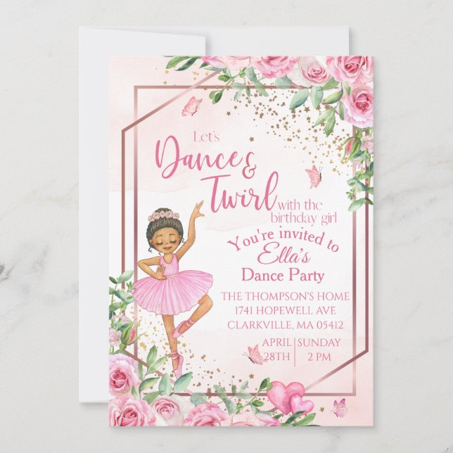 Invitación Cumpleaños de baile de bailarina acuarela rosa (Anverso)