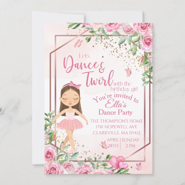 Invitación Cumpleaños de baile de ballet rosa acuarela (Anverso)