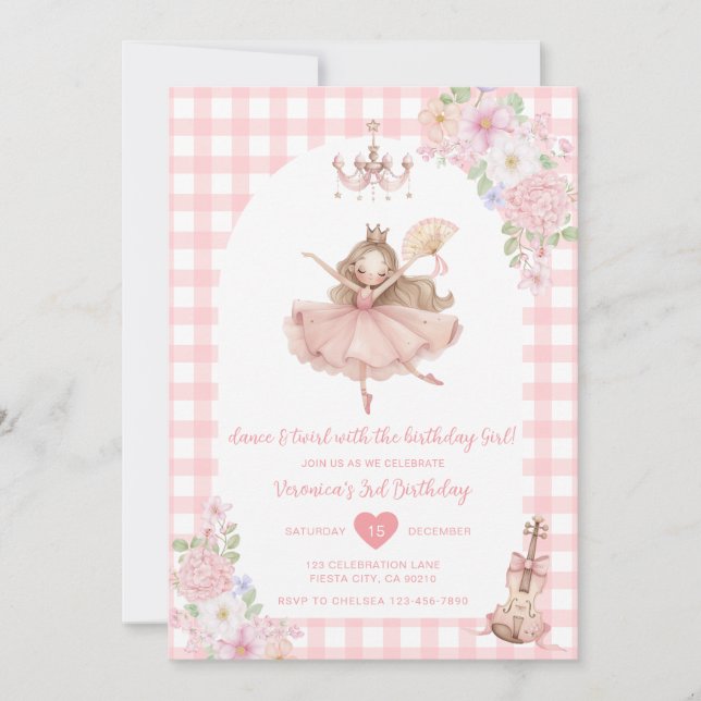 Invitación Cumpleaños de baile y giro de bailarina floral ros (Anverso)
