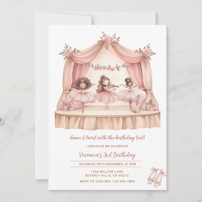 Invitación Cumpleaños de baile y giro de bailarina rosa afric (Anverso)