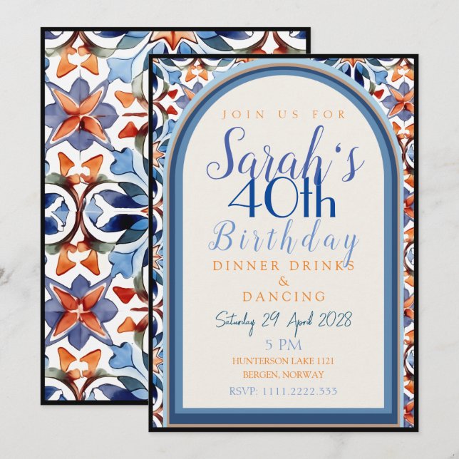 Invitación Cumpleaños de baldosas geométricas marroquíes colo (Anverso / Reverso)
