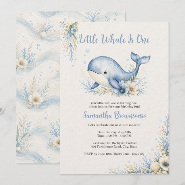 Invitación Cumpleaños de ballena costera primero (Anverso / Reverso)