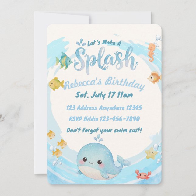 Invitación Cumpleaños de ballena de onda azul acuarela (Anverso)