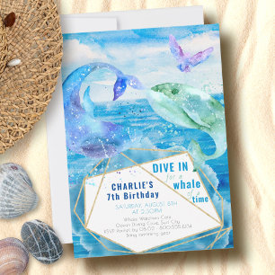 Invitación Cumpleaños de ballena en el océano acuarela para c