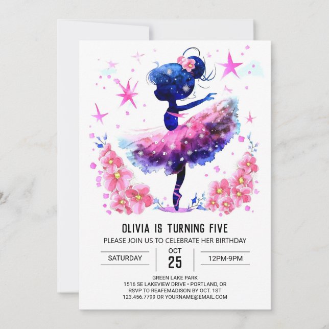 Invitación Cumpleaños de Ballerina Imprimible para Niños (Anverso)